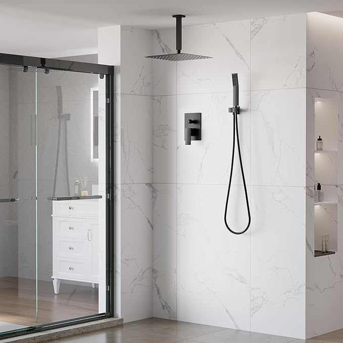 WELLFOR 12-In Ceiling Mount Shower System with Single Handle, Pressure-balanced Valve Included, Waterfall Dual Head Shower Head System, Rain Shower System, Shower Faucet Trim Kits, Matte Black