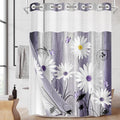 No Hook Flower Daisy Shower Curtain with Snap in Fabric Liner Set, Purple Wooden Boards Double Layers Waterproof Fabric with See Through Top Window Open Grommet Bath Curtain 71x86 Inch