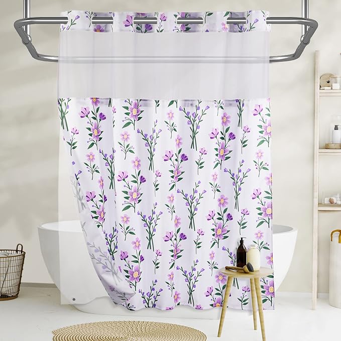 Lagute SnapHook Floral Shower Curtain with Snap-in Liner for Bathroom| No Hook Needed| Mesh Top Window| Machine Washable| Hotel Grade| 71Wx74L，Purple Bouquet