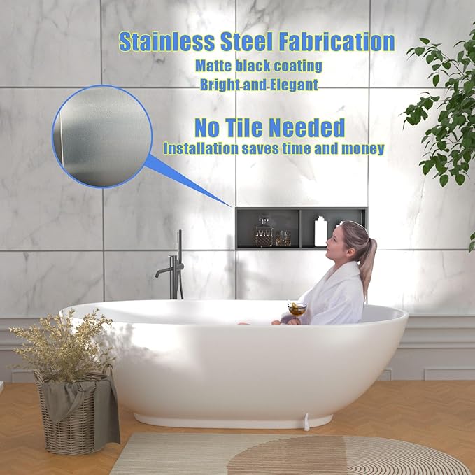 Narrow Shower Niche for Tiny Bathroom Storage, No Tile Needed,Recessed Wall Niche, Double Shelves, Stainless Steel, (Black, 24 * 8 in)