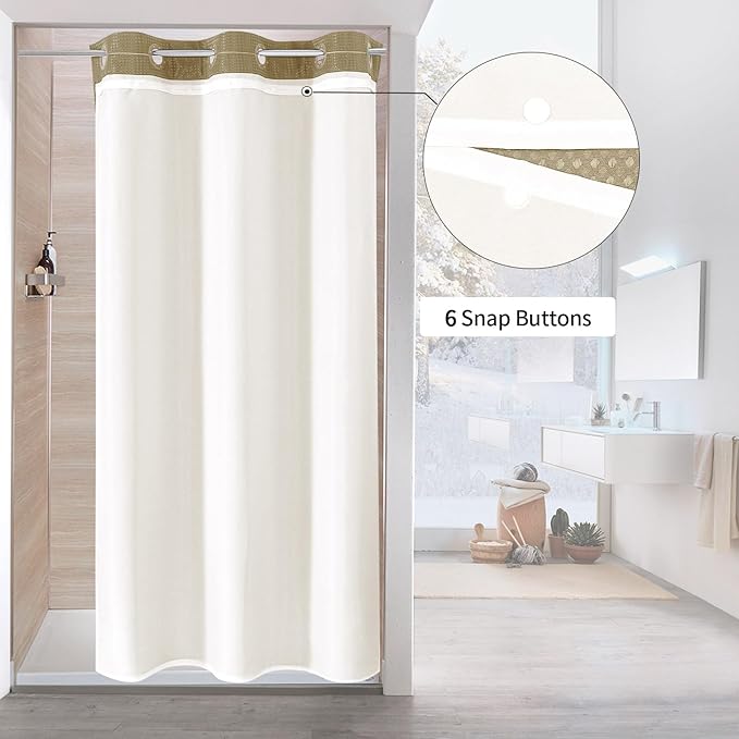MitoVilla Beige Waffle Small Stall Shower Curtain Liner Set 36 x 74, No Hooks Required Half Size Narrow Fabric Cloth Shower Curtain Set with Snap-in Liner for Modern Bathroom Decor, Beige/Khaki