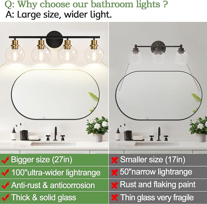 2025 Upgrade 4-Light Bathroom Light Fixtures, Black and Gold Bathroom Lights Over Mirror with Clear Glass Globe Shade, Vanity Lights for Bathroom Kitchen Living Room Hallway Cabinet Bedroom Porch