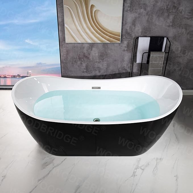 WOODBRIDGE 71" Acrylic Freestanding Bathtub Contemporary Soaking Black Tub with Brushed Nickel Overflow and Drain,Black,B1817-BN