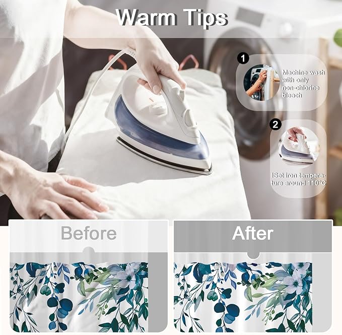 No Hook Shower Curtain and Liner Set, Dark Blue Eucalyptus Floral Shower Curtains for Bathroom, Bath Curtain Sets with Snap in Liner, Waterproof with See Through Top Window, 71x74 Inches