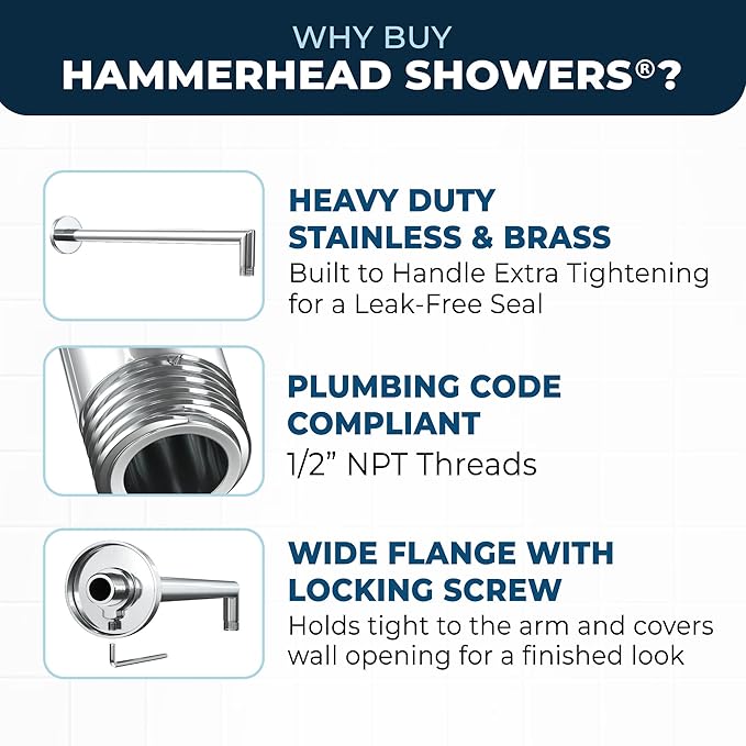 HammerHead Showers® Solid Metal 16 Inch Extended Shower Arm and Flange with Set Screw, Long Shower Arm, Extends Rain Shower Overhead, Wall-Mounted Rain Shower Arm, Chrome