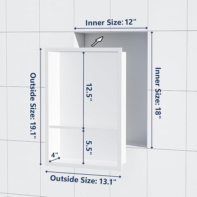 Stainless Steel Shower Niche 18" X 12", No Tile Needed Wall Niche Double Shelves, Recessed Shower Shelf for Bathroom Storage, Matte White