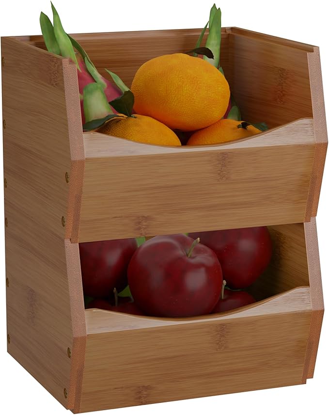 2 Set Open Front Small Stackable Storage Bins, Bamboo Stacking Storage Bins Snack Tea Bags Fruits Spices Countertop Storage, Rustic Organizer Bins for Pantry, Kitchen, Office, Bedroom (Small Walnut)