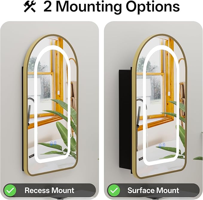 LED Arched Bathroom Medicine Cabinet with Mirror, No Assembly Needed, Recessed or Surface Mount Wall Storage Cabinet, Mirror Cabinet with Tissue Slot (Gold-LED, 31.5" L x 19.7")