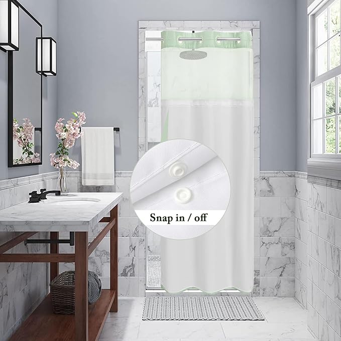 Gibelle Stall Small Shower Curtain 36x74, Waffle Weave Shower Curtain with Snap-in Fabric Liner Set, No Hooks Needed, Hotel Style with Mesh Top Window, Mint Green
