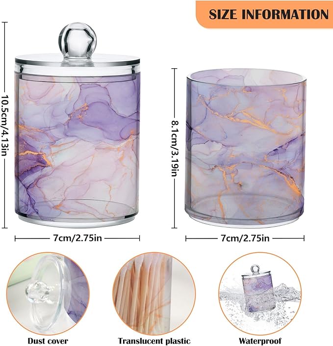 2 Pack Qtip Holder Organizer Dispenser Purple Transparent Waves Marble Bathroom Storage Canister Cotton Ball Holder Bathroom Containers for Cotton Swabs/Pads/Floss
