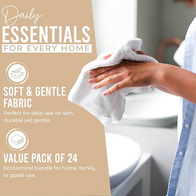 DAN RIVER 24 Pack Wash Cloths for Showering [12x12] - 100% Cotton Washcloths Premium Quality Flannel Face Cloths for Bathroom, Highly Absorbent and Soft Feel Wash Clothes, Tan