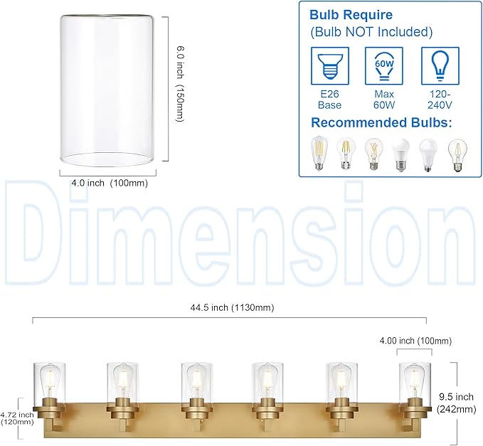 MELUCEE 6-Light Vanity Lights for Bathroom 45.3 Inches Length, Modern Bathroom Light Fixtures Wall Mount with Clear Glass Shade for Vanity Table/Over Sink/Kitchen, E26 Base