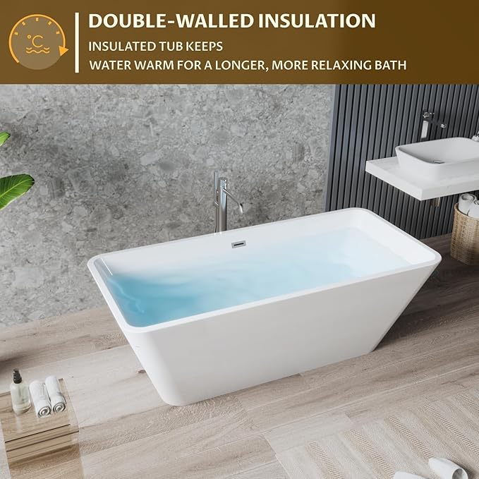 66'' Acrylic Freestanding Bathtub, Deep Soaking Tub with Non-Slip Base, cUPC Certified Free Standing Tub, Chrome Drain Bath Tub, Modern Tub for Bathrooms, White