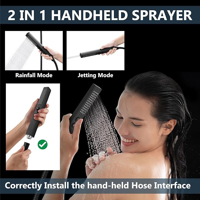Aolemi Shower Faucet Set Ceiling Mount Shower System Rough-in Valve and Shower Trim Kit 10 and 6 Inch Dual Shower Head 2 in 1 Handheld Spray Push Button Diverter Matte Black