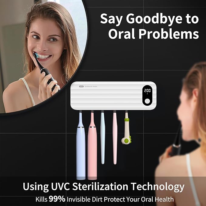 Toothbrush Sanitizer and Holder, UV Toothbrush Sanitizer Holder for Bathroom with 5 Slot, Timer Function, 2000mAh Rechargeable Toothbrush Cleaner Holder Wall Mounted Without Drilling