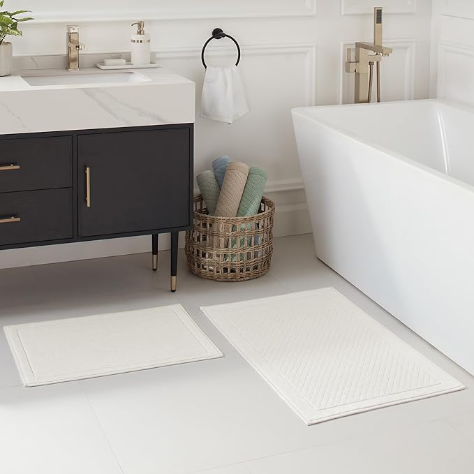 Arkwright 2 Piece 100% Cotton Bathroom Rug Set - High Absorbent Stylish Textured Woven Design Bath Mat, Slip Resistant Backing for Shower and Bathtub Floor, 17x24 & 20x32 in - White