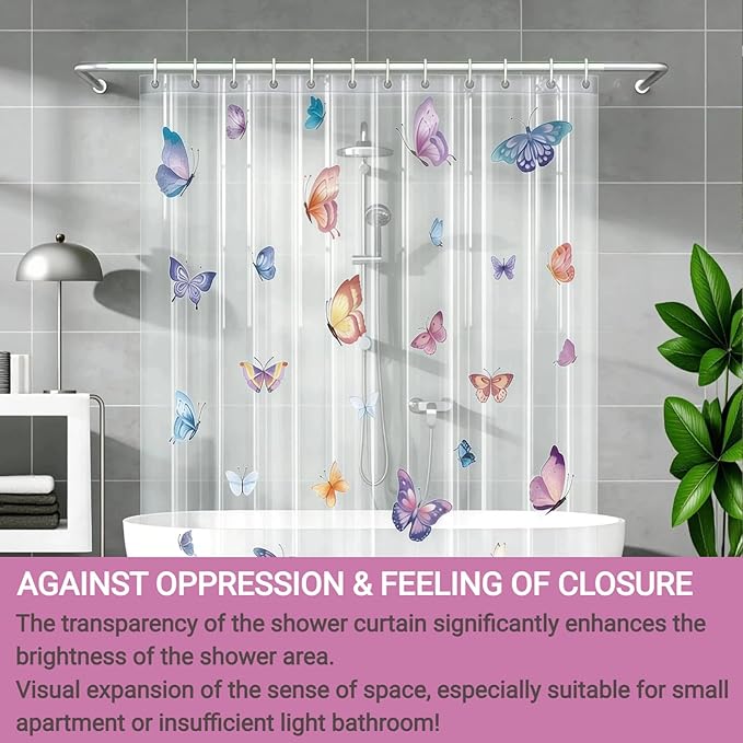 Clear Butterfly Shower Curtain Liner, Colorful Plastic Transparent Pretty Shower Curtains for Bathroom, 72x72 Weighted Magnetic Shower Curtain Set with 12 Hooks
