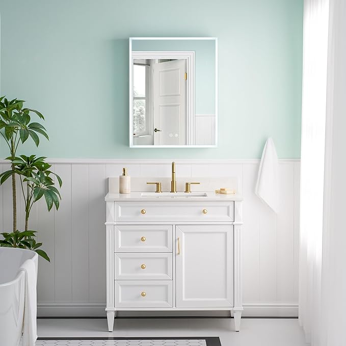 WELLFOR 24" X 30" Medicine Cabinet With Lights, 3X Magnification, Anti-Fog Mirrored Cabinet, Bathroom Vanity With Outlets & USB Ports, Left Opening Door
