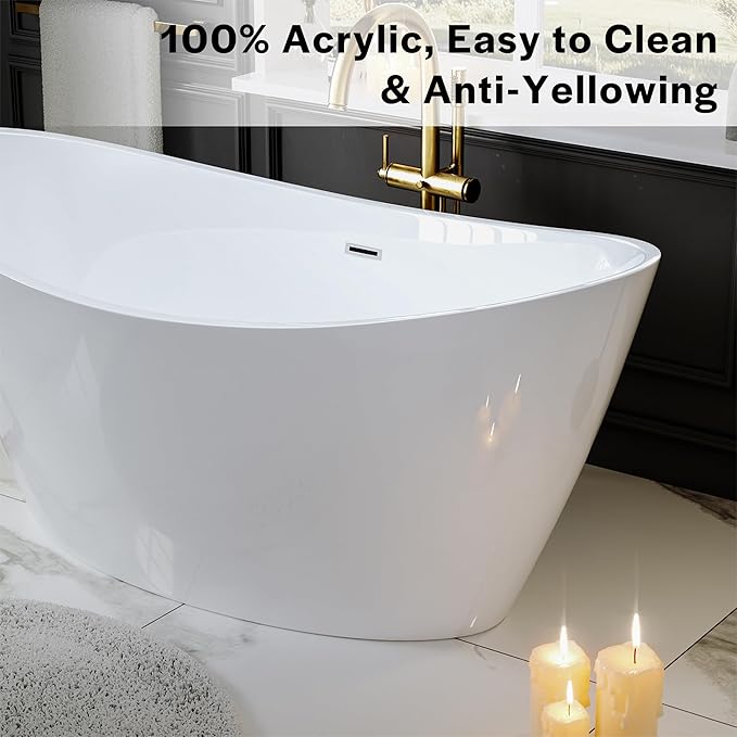Empava Freestanding Bathtub, Acrylic Soaking Tub with Brushed Nickel Drain & Overflow – Modern Standalone Shower Tub, Non-Slip Flat Bottom Design, Glossy White, 59 Inch,cUPC Certified