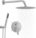 KOJOX 10 Inch Brushed Nickel Shower System with High Pressure Rain Shower Head, Handheld Shower Head, Bathroom Mixer Shower Set Wall Mounted Shower Faucet Rough-in Valve and Trim Kit