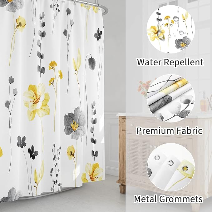 Gibelle Small Stall Shower Curtain 36 x 72, Narrow Half Watercolor Floral Fabric Shower Curtain, Yellow Grey Flower Decorative Bathroom Shower Curtain Set