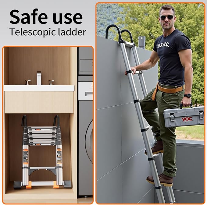 Telescoping Ladder,10.5FT Aluminum Multi-Purpose Collapsible Ladder with Stabilizers and Hooks,Jiashche Portable Extension Ladder for RV or Outdoor Work Silver,330lb Max Capacity