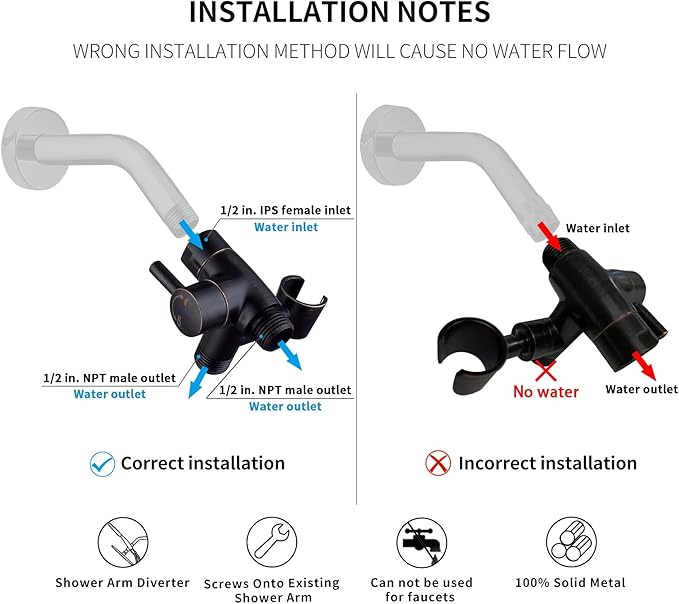 G-Promise Solid Metal Shower Arm Diverter with Holder for Hand Held Showerhead and Fixed Spray Head, G 1/2 3-Way Bathroom Universal Diverter System Replacement Part (Oil Rubbed Bronze)