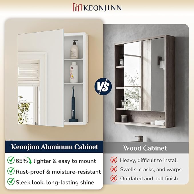 Keonjinn 24 x 32 Inch Medicine Cabinet Mirror, Assembly Required, Large White Medicine Cabinets for Bathroom, Stepless Adjustable Shelves, Tempered Glass, Soft Closing, Recessed or Wall Mount