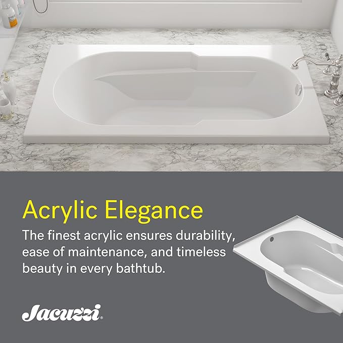 Jacuzzi SIGNATURE Acrylic Drop-In Bathtub, Soaking Sanctuary, Slip Resistant, Right Drain Placement, 60" (L) x 36" (W), Rectangle, 3-Tile Flange, White