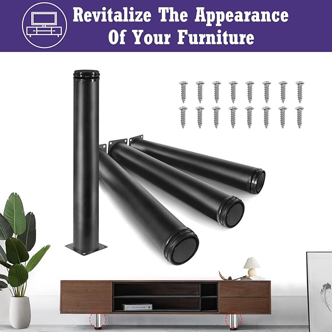 16 Inch Metal Furniture Legs Stainless Steel Adjustable Legs Black Metal Legs Round Cabinet Legs for Coffee Table Cabinet Desk Sofa Shelves, Pack of 4
