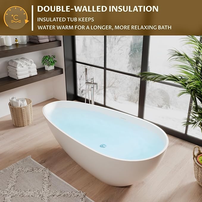 67" Resin Stone Freestanding Bathtub, Soaking Tub, Ergonomic Design, Easy Installation for Modern Spa Bathrooms, Matte White