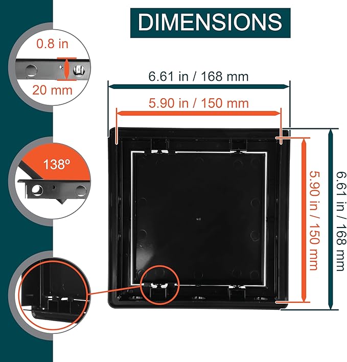 6" x 6" Black Plastic Access Panel. Service Shaft Door Panel. Plumbing, Electricity, Heating, Alarm Wall Access Panel for Drywall. Bathroom Services Access Hole Cover.