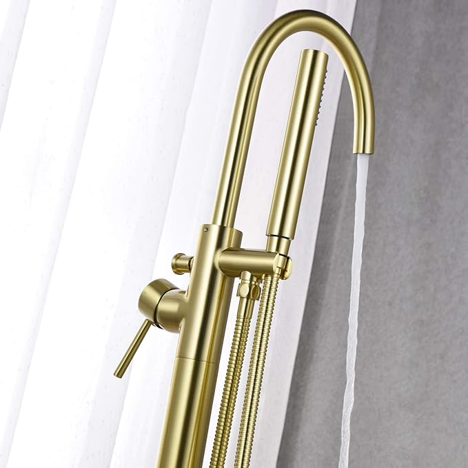 Freestanding Bathtub Faucet Tub Filler Brushed Gold Single Handle Floor Mounted Brass Faucets with Hand Shower