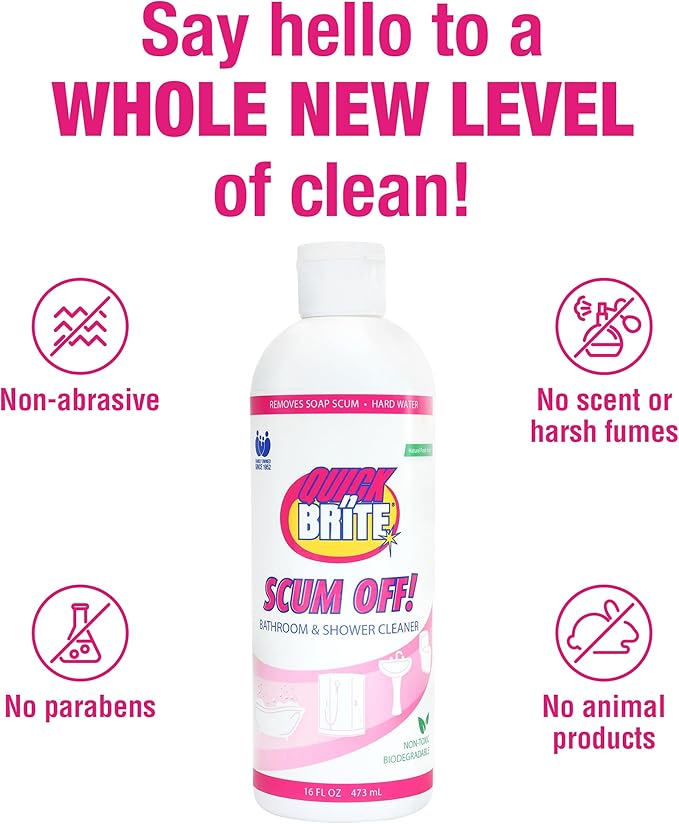 Quick 'n Brite Scum Off Shower Cleaner - No Scrub, No Harsh Chemical Daily Shower Cleaner, Multi-Surface All-Purpose Cleaner 64 Oz (Packaging May Vary)