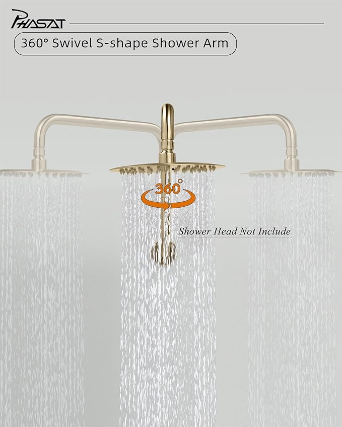 PHASAT 16 Inches Shower Arm Extension,S shaped Shower Arm with Flange,304 Stainless Steel High Rise Shower Head Arm Brushed Gold,PU9J01-M