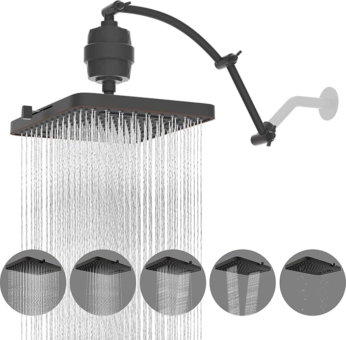 Hibbent Rain Filtered Shower Head, 13'' High Pressure Rainfall 5 Modes Showerhead with 16" Shower Head Extension Arm, Brass Adjustable Shower Arm Extender, 20 Stage Shower Filter, Oil Rubbed Bronze