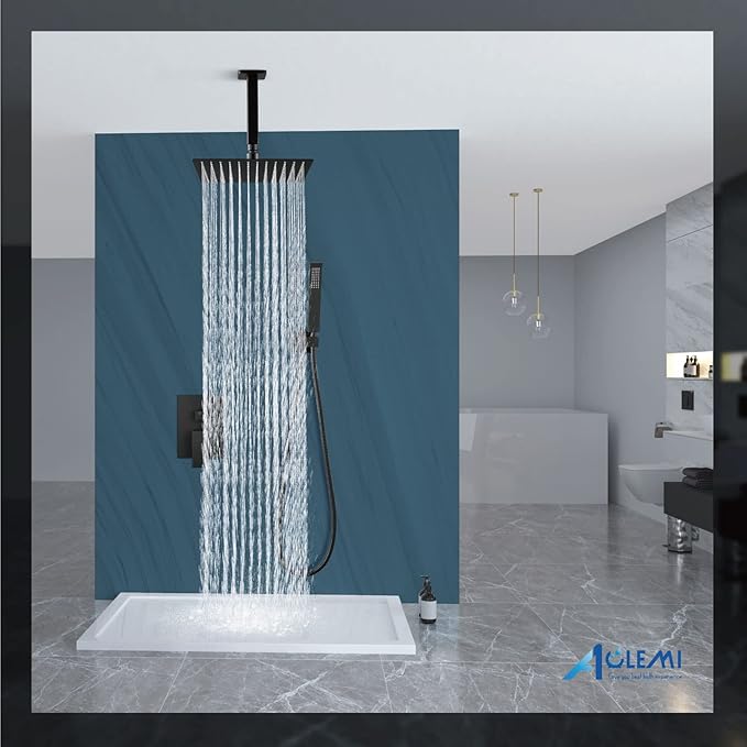 Aolemi Ceiling Mount Shower System Rain Shower Head with Handheld Spray High Pressure Shower Faucet Set Rough-in Valve Shower Trim Kit Included Bathroom Matte Black 10 Inch Ceiling Shower Head