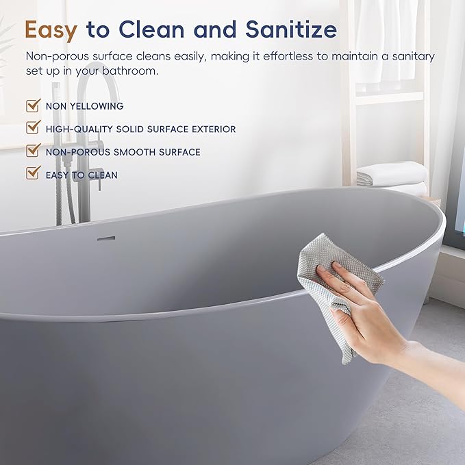 SJ STAR&JANE 65" Solid Surface Freestanding Bathtub Stone Resin Soaking Tub Light Gray Double Slippers Stand Alone Oval Tub with Pop-up Drain and Overflow for Bathroom