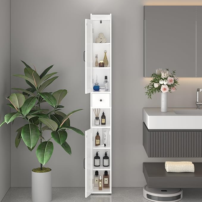 Tall Bathroom Storage Cabinet with Adjustable Shelves,66.92" H Slim 1-Door Freestanding Cabinet for Small Spaces, Bathroom,Kitchen, Living Room,White (Narrow)