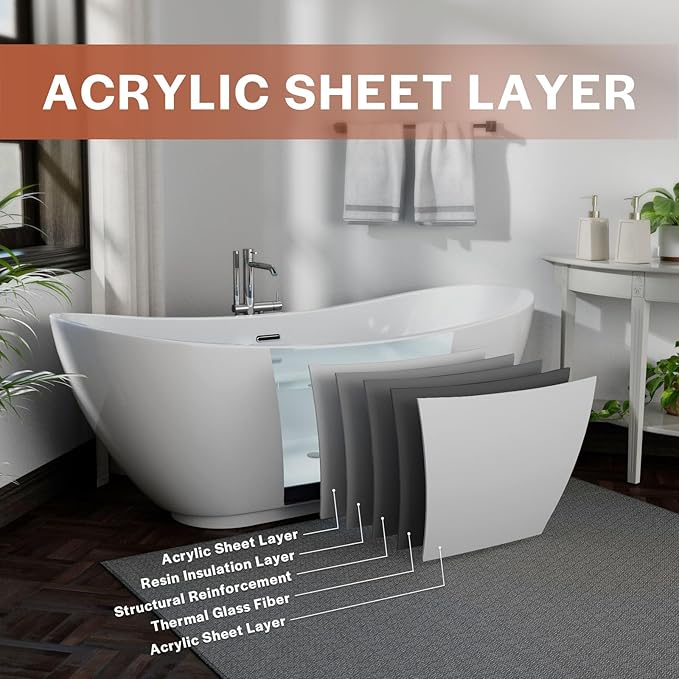 Empava 69" Freestanding Tub, Acrylic Contemporary Soaking White Tub with Drain and Overflow