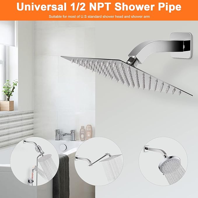 HarJue Shower Arm with Flange and Teflon Tape, Wall Mounted Square Shower Pipe 304 Stainless Steel Extension Arm for Fixed Shower Head & Handheld Shower (6 Inch, Chrome)