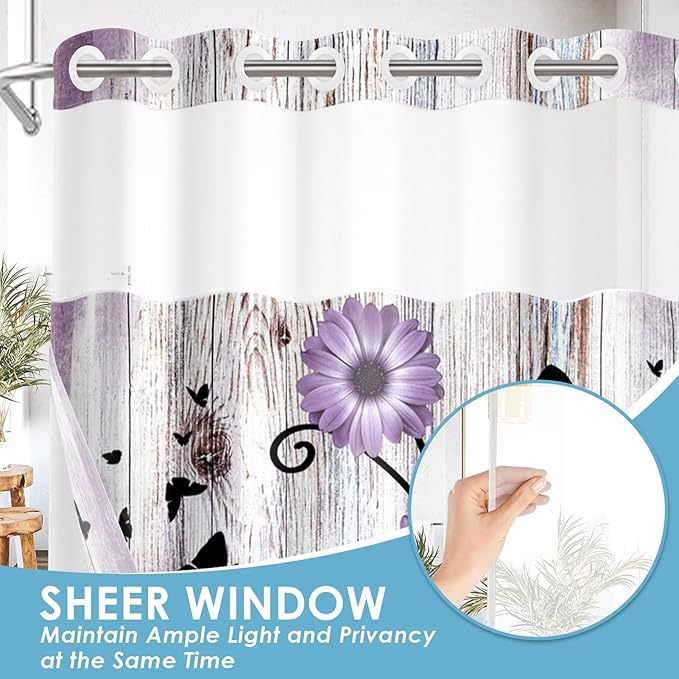 No Hook Purple Flower Shower Curtain with Snap in Fabric Liner Set, Rustic Farmhouse Daisy Double Layers Waterproof Fabric with See Through Top Window Open Grommet Bath Curtain 54x80 Inch