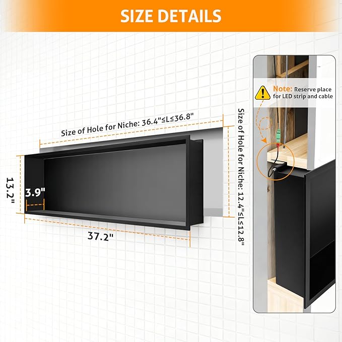 WICHEMI Stainless Steel Shower Niche 36" X 12", No Tile Needed Wall Niche with RGB Light, Recessed Shower Shelf for Bathroom Storage Over Mount Installation, Matte Black