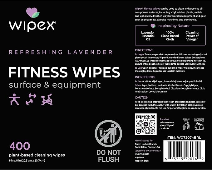 Wipex Gym Wipes Bucket Refill – Plant-based Fitness Equipment Wipes, Lavender and Vinegar to Clean Surfaces, Safe Yoga Mat Cleaner, Gym Cleaner and Peloton Bikes 400 Count (Pack of 2)