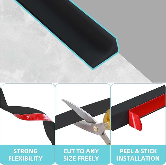 Shower Threshold Water Dam,Walk in Shower Water Guard, Shower Dam Water Barrier Bathroom Sink Splash for Dry And Wet Separation Caulk Seal Strip Edge Trim (98Inch, Black)