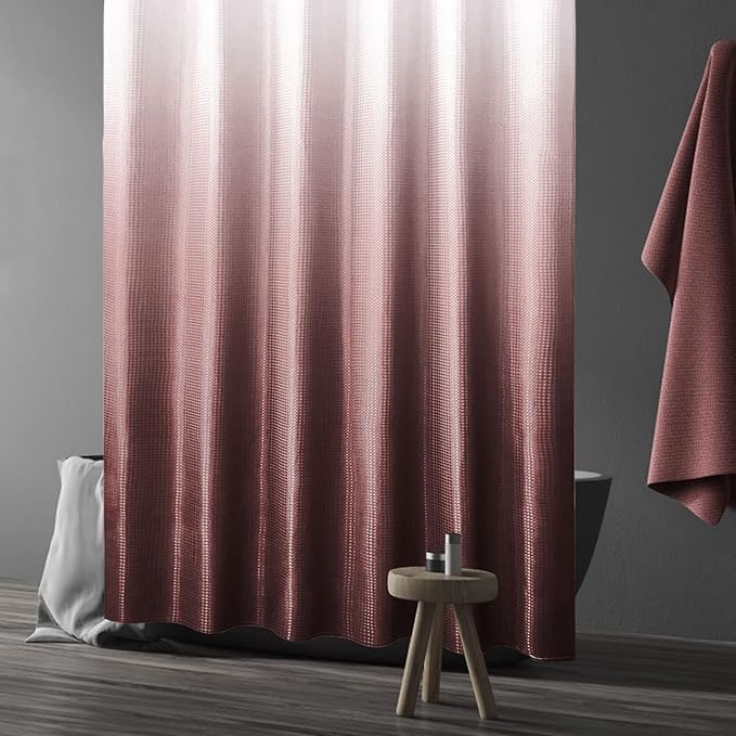 Gibelle Burgundy Fabric Shower Curtain, Ombre Shower Curtains for Bathroom, Waffle Weave Textured Shower Curtain Set with Hooks, Water Repellent and Machine Washable, 72 x 72
