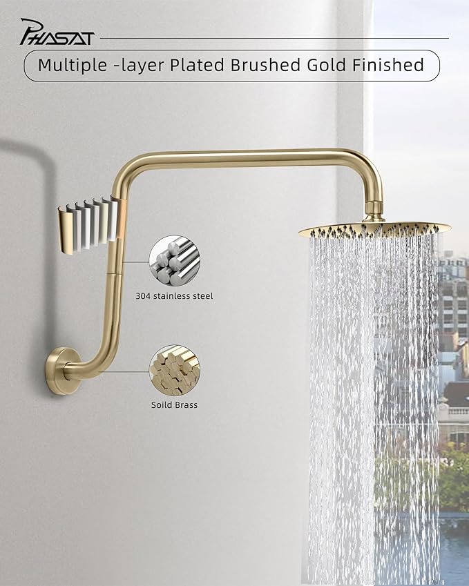 PHASAT 16 Inches Shower Arm Extension,S shaped Shower Arm with Flange,304 Stainless Steel High Rise Shower Head Arm Brushed Gold,PU9J01-M