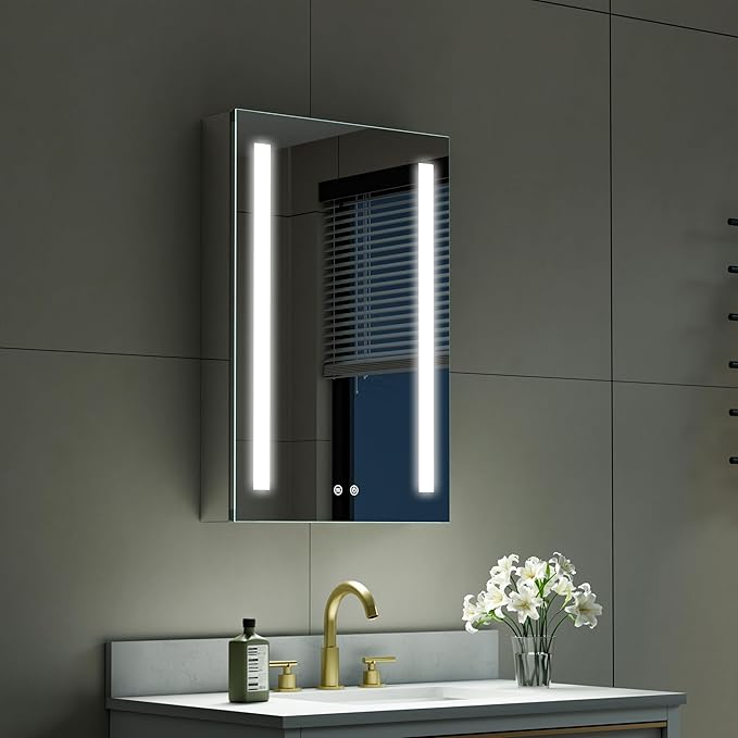 WELLFOR 20" X 30" LED Medicine Cabinet with Mirror, Single Left Opening Door, Recessed or Surface Cabinet Mirror, Bathroom Mirror Cabinet, Medicine Cabinet with Lights with Outlets & USB Ports