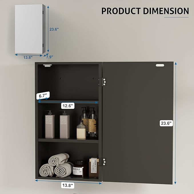 eclife 24" Bathroom Medicine Cabinet W/Mirror, Single Door Bathroom Black Wall Mount Mirror Cabinet, Hanging Triple Shelf Storage Cabinet Opens Left and Right
