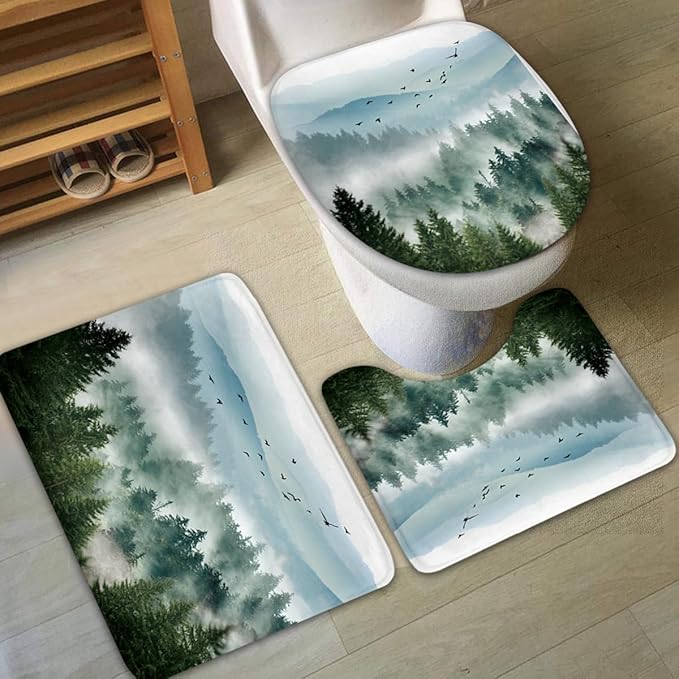 Riyidecor 4PCs Shower Curtain Sets Green Bathroom Curtain with Non-Slip Rugs Mountain Scenic Toilet Lid Cover and Bath Mat Tree Nature Woodland Waterproof 12 Hooks 72x72 inch Mens Bathroom Decor